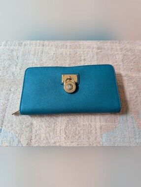 Michael Kors Teal Saffiano Leather Wallet with Gold Hardware